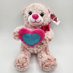 Goffa Valentine Pink Popcorn Fur Teddy Bear Glitter Heart Plush P16848-092018
